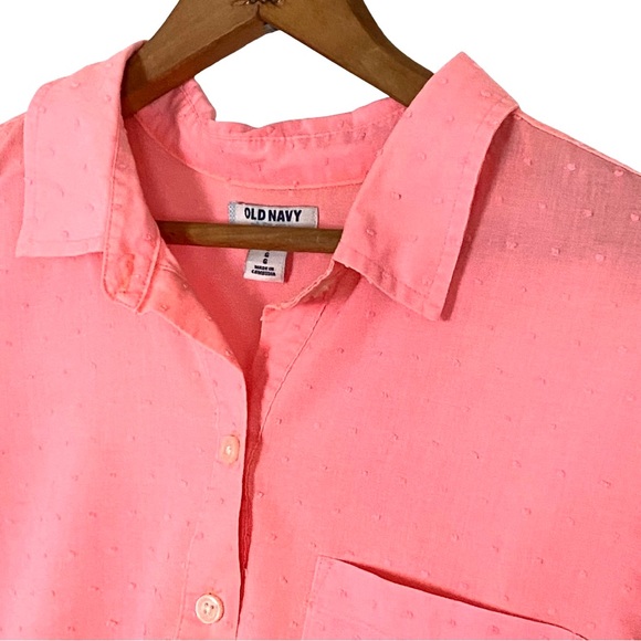 Old Navy Pink Neon Swiss Dot Popover Top Long Sleeve Semi Sheer Button Blouse L - Picture 4 of 16